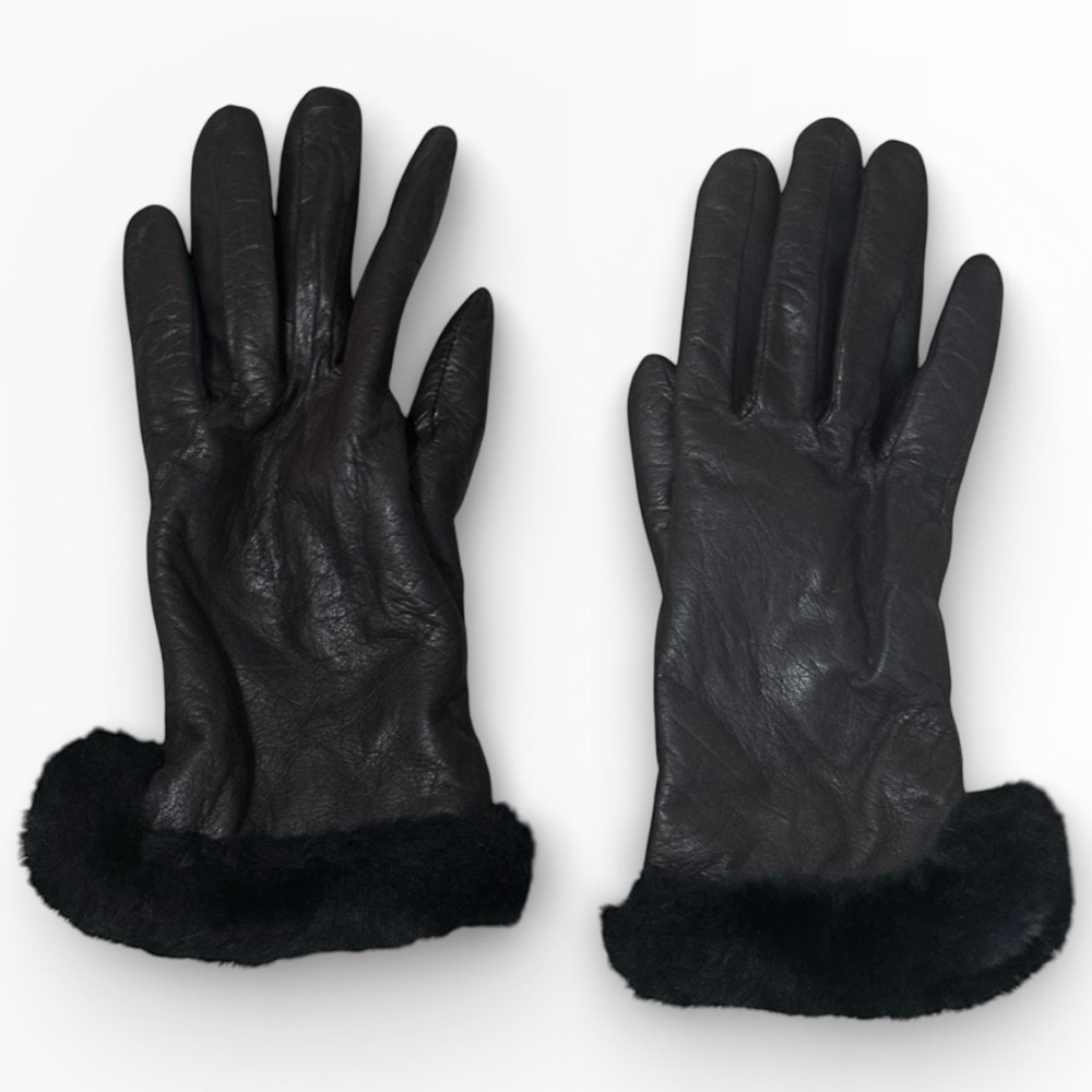 Vintage Leather Gloves Brown with Black Faux Fur Warm Winter Snow Trip Size M